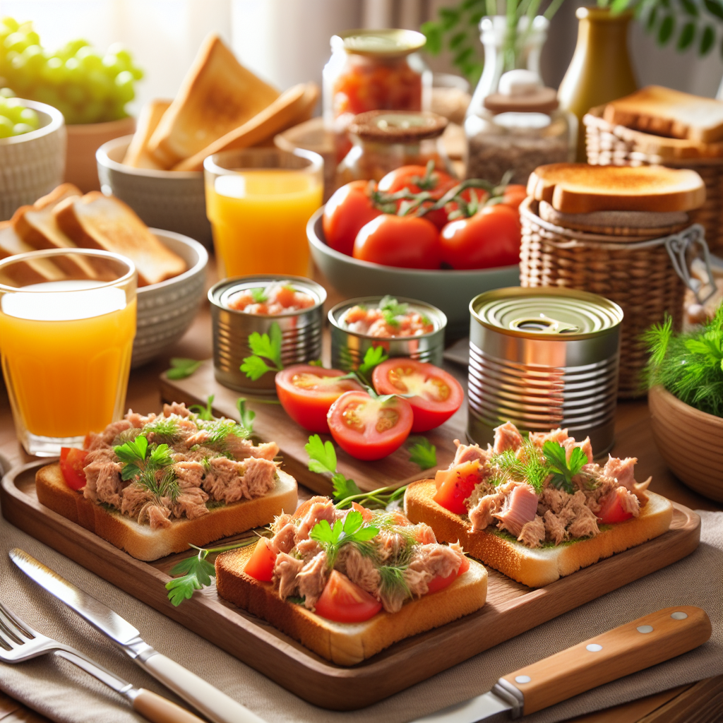 Desayuno salado con conservas con tostadas de atún y tomate