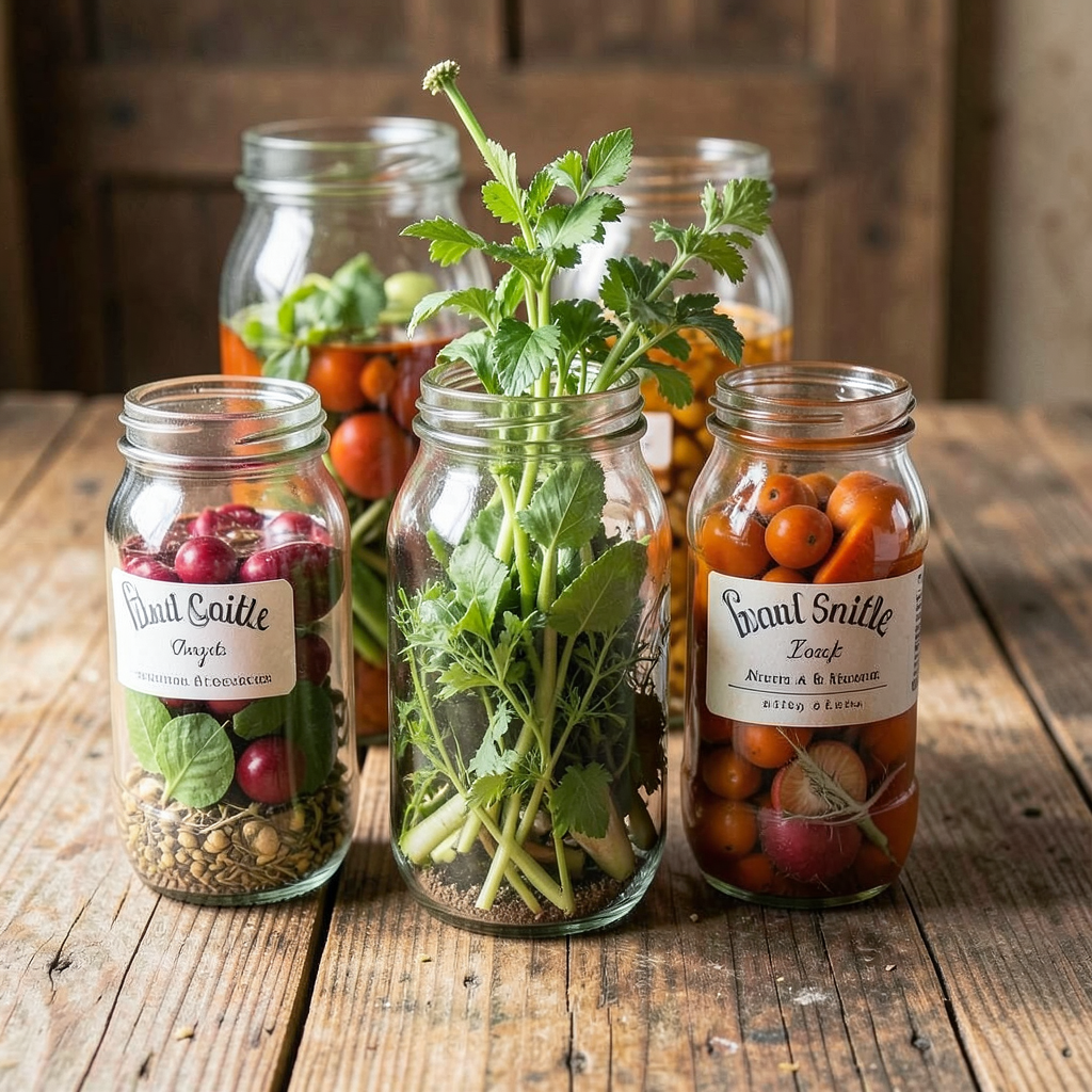 Una selección de frascos de vidrio con vegetales y conservas naturales artesanales sobre una mesa de madera rústica. Frascos de conservas naturales sin aditivos en una cocina rústica
