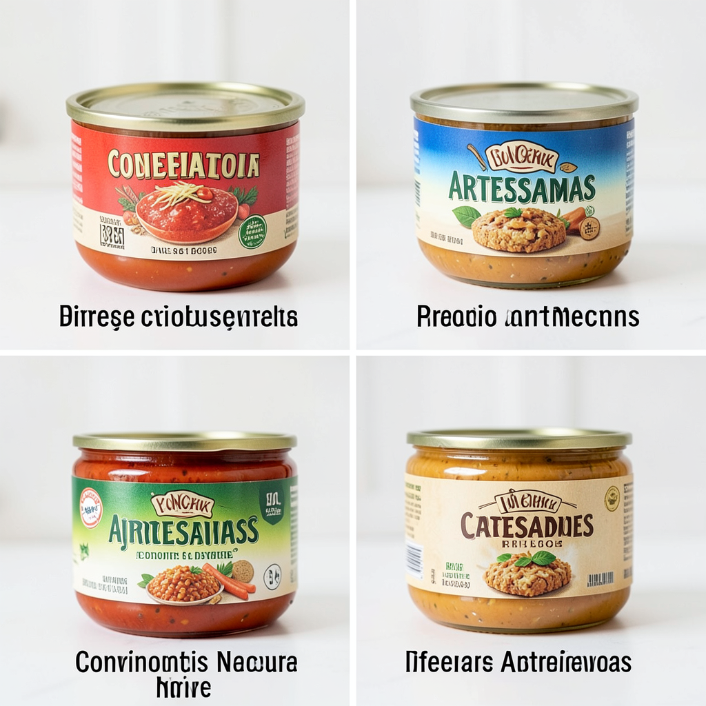 Comparación visual de envases de conservas industriales vs. artesanas, mostrando diferencias en diseño, etiquetado y materiales. Diferencias entre conservas industriales y artesanas en envases, destacando calidad y presentación