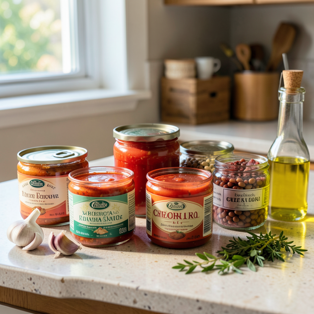 Realistic photograph of a well-organized kitchen countertop with multiple open cans and jars of high-quality conserves including tuna, tomato, beans, and chorizo in orza. Fresh ingredients like garlic, herbs, and olive oil are scattered nearby, natural lighting from a window, warm tones, medium close-up shot, professional quality with clean, vibrant colors. Ideas para preparar recetas rápidas con conservas de calidad en la cocina