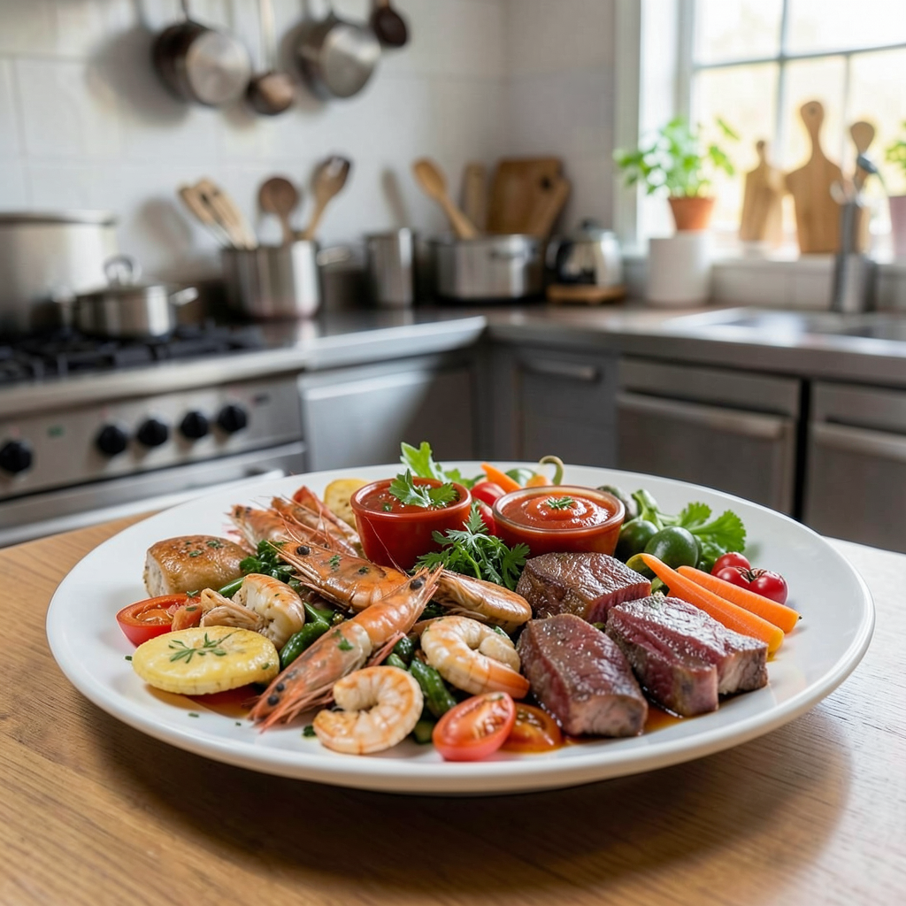 Imagen de un plato elaborado con conservas gourmet como base, mostrando ingredientes variados (mariscos, carnes, vegetales) en un entorno de cocina profesional o familiar. Detalle de conservas gourmet en un plato preparado, destacando la creatividad y diversidad de sabores en la cocina