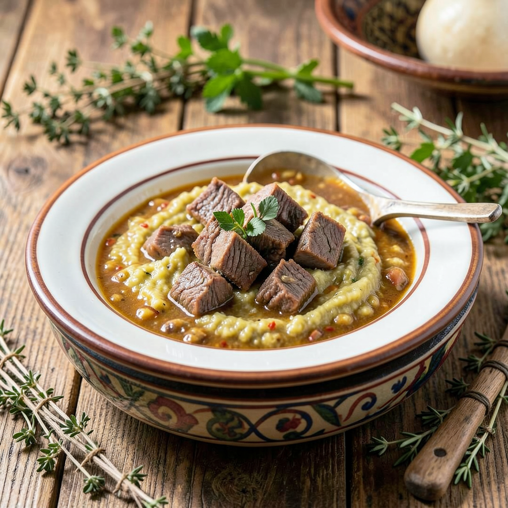 Imagen de un plato presentando gazpacho manchego con trozos de carne de perdiz en conserva, servido en una fuente tradicional con hierbas frescas y una cuchara de madera. Gazpacho manchego con perdiz en conserva, plato tradicional con ingredientes frescos y presentación gourmet