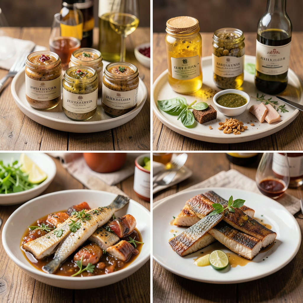 Imágenes de aperitivos elaborados con conservas artesanas como atún en aceite, pescados en escabeche, y otros productos gourmet de alta calidad, mostrando técnicas de presentación y combinaciones creativas para sorprender en la mesa. Los 10 mejores aperitivos con conservas artesanas para sorprender en tu mesa