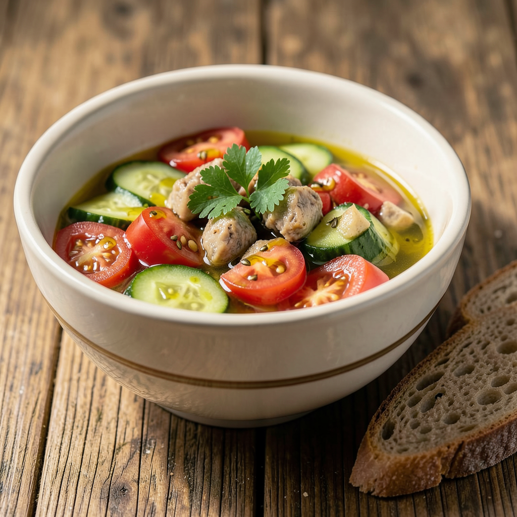 Realistic photograph of a vibrant gazpacho manchego bowl filled with fresh ingredients like ripe tomatoes, cucumber slices, and small chunks of preserved quail meat in olive oil. The dish is garnished with fresh parsley and a drizzle of extra virgin olive oil, served on a rustic wooden table with a slice of crusty bread beside it. Warm, natural lighting highlights the colors and textures, creating an inviting and authentic look. Gazpacho manchego con carne de codorniz en conserva en un plato fresco y colorido