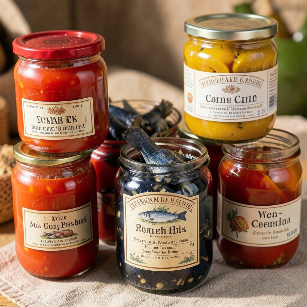 Imagen de conservas variadas en tarros de vidrio, incluyendo tomates, pescado azul y otros alimentos frescos en proceso de conservación tradicional, con detalles de etiquetas y ingredientes naturales. Conservas saludables en tarros de vidrio con etiquetas que muestran ingredientes naturales y procesos de conservación respetuosos con la nutrición