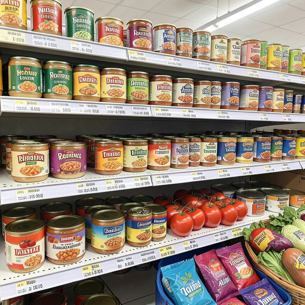 Imagen de conservas de calidad en un supermercado, mostrando variedad de productos y detalles en las etiquetas