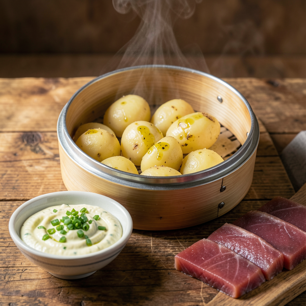 Patatas alioli con bonito fresco en un plato tradicional, alioli casero y bonito cortado en tiras sobre una mesa de madera