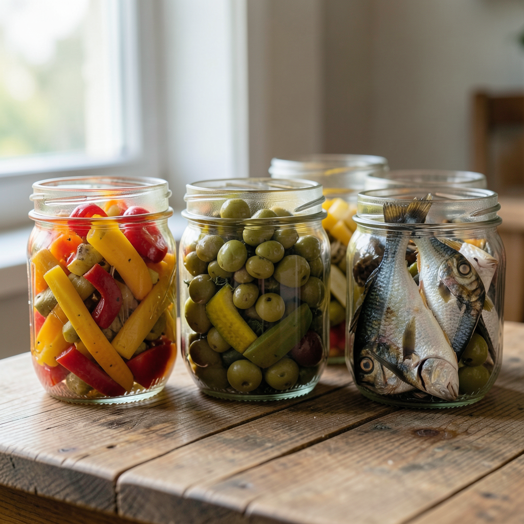Realistic photograph of several glass jars filled with colorful artisanal preserved vegetables, olives, and fish on a rustic wooden table, soft natural side lighting from a window, shallow depth of field, professional food photography Frascos de vidrio con conservas artesanales resaltando las ventajas nutricionales de las conservas artesanas