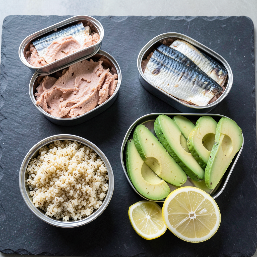 Realistic photograph of a high-protein meal prep on a slate table, featuring open tins of premium tuna and mackerel fillets, accompanied by quinoa, avocado slices, and fresh lemon wedges, bright natural daylight, top-down professional food photography Plato saludable con conservas para deportistas: opciones ricas en proteínas y aguacate