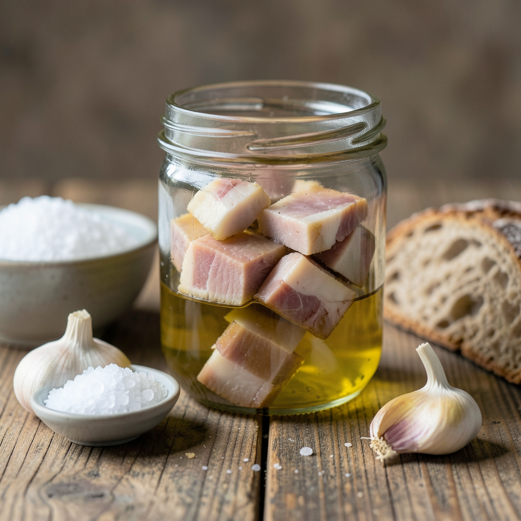 Realistic professional photograph of a gourmet glass jar containing ajo mataero with chunks of pork preserved in golden olive oil, placed on a rustic wooden table next to a bowl of sea salt, a clove of garlic, and a crusty piece of artisan bread, soft natural side lighting, shallow depth of field, 8k resolution Tarro de ajo mataero con carne de cerdo en conserva sobre mesa rústica