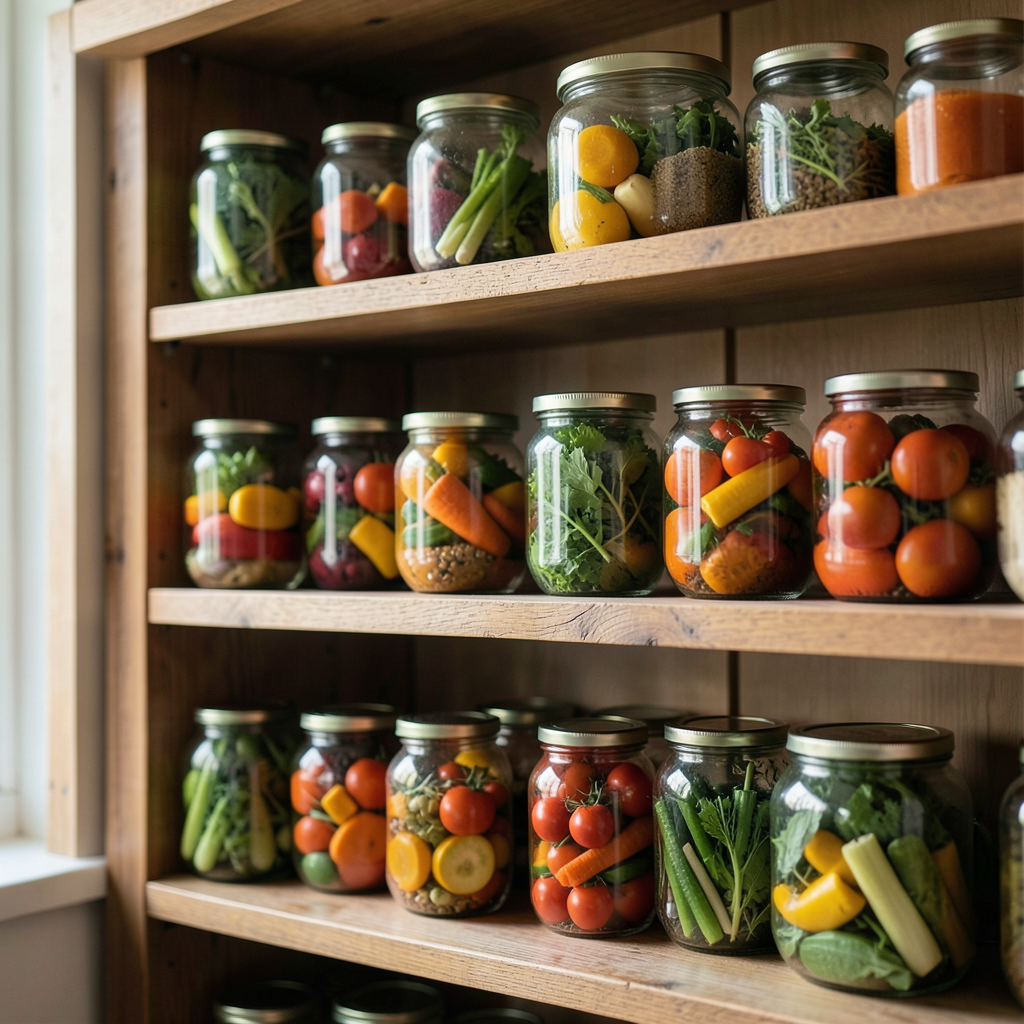 Realistic photograph of a well-organized rustic pantry with wooden shelves filled with various glass jars of preserved vegetables and fruits, soft natural side lighting, warm atmosphere, professional food photography, depth of field focusing on the colorful contents of the jars Despensa organizada mostrando cómo almacenar correctamente tus conservas en casa en frascos de vidrio