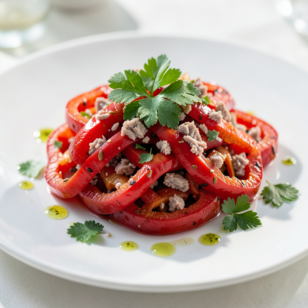 Realistic photograph of a vibrant roasted red pepper salad with tuna flakes on a white ceramic plate, garnished with fresh parsley and olive oil droplets, bright natural daylight, macro shot, professional culinary photography Plato de ensalada de pimientos asados con atún gourmet