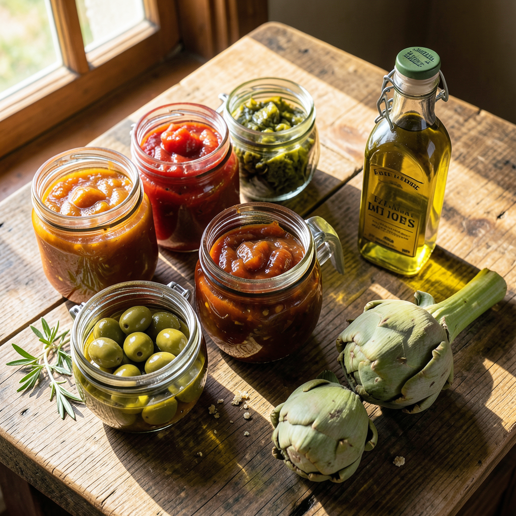 Realistic photograph of a rustic wooden table featuring a variety of open gourmet preserves in glass jars, olives, marinated artichokes, and a bottle of extra virgin olive oil, warm natural sunlight filtering through a window, top-down professional food photography angle, vibrant colors of Mediterranean ingredients Variedad de conservas gourmet para preparar recetas mediterráneas con conservas artesanas