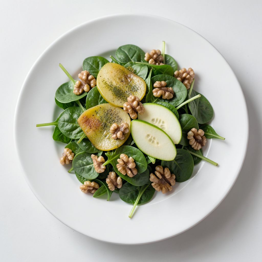Realistic photograph of a gourmet salad with pickled partridge pieces, baby spinach, thin green apple slices, and walnuts, served on a modern ceramic white plate, soft natural side lighting, professional food photography, top-down angle, vivid colors Plato gourmet de ensalada de perdiz escabechada con manzana y nueces