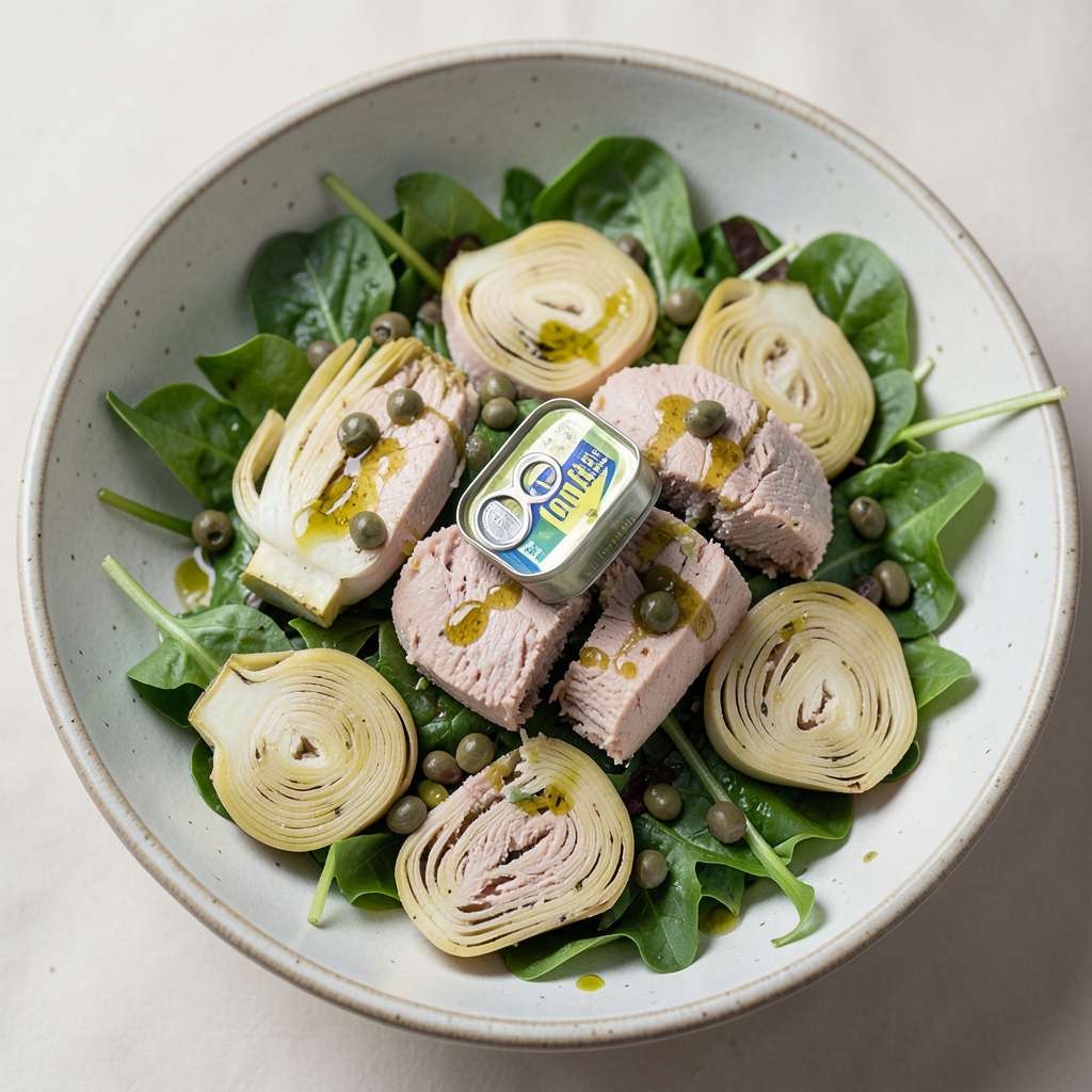 Realistic photograph of a gourmet salad in a wide ceramic bowl, featuring premium canned tuna, marinated artichokes, capers, and fresh mixed greens, drizzled with olive oil, natural soft lighting, top-down perspective, professional food photography Ensalada sofisticada ilustrando cómo preparar ensaladas gourmet con conservas