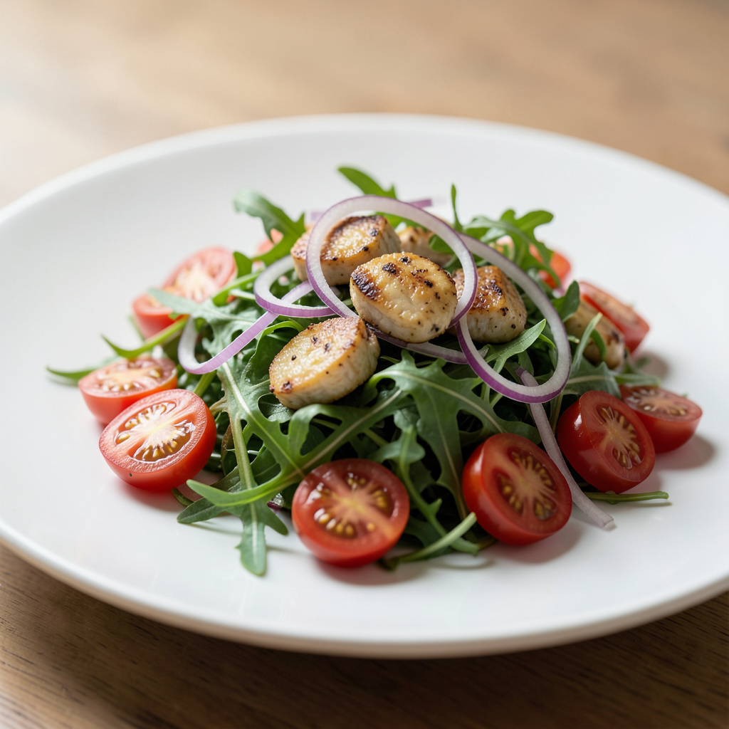Realistic photograph of a gourmet salad with pickled quail pieces, fresh arugula, cherry tomatoes, and thin slices of red onion, served on a white ceramic plate, soft natural side lighting, macro shot, professional food photography Plato gourmet de ensalada de codorniz escabechada con verduras frescas