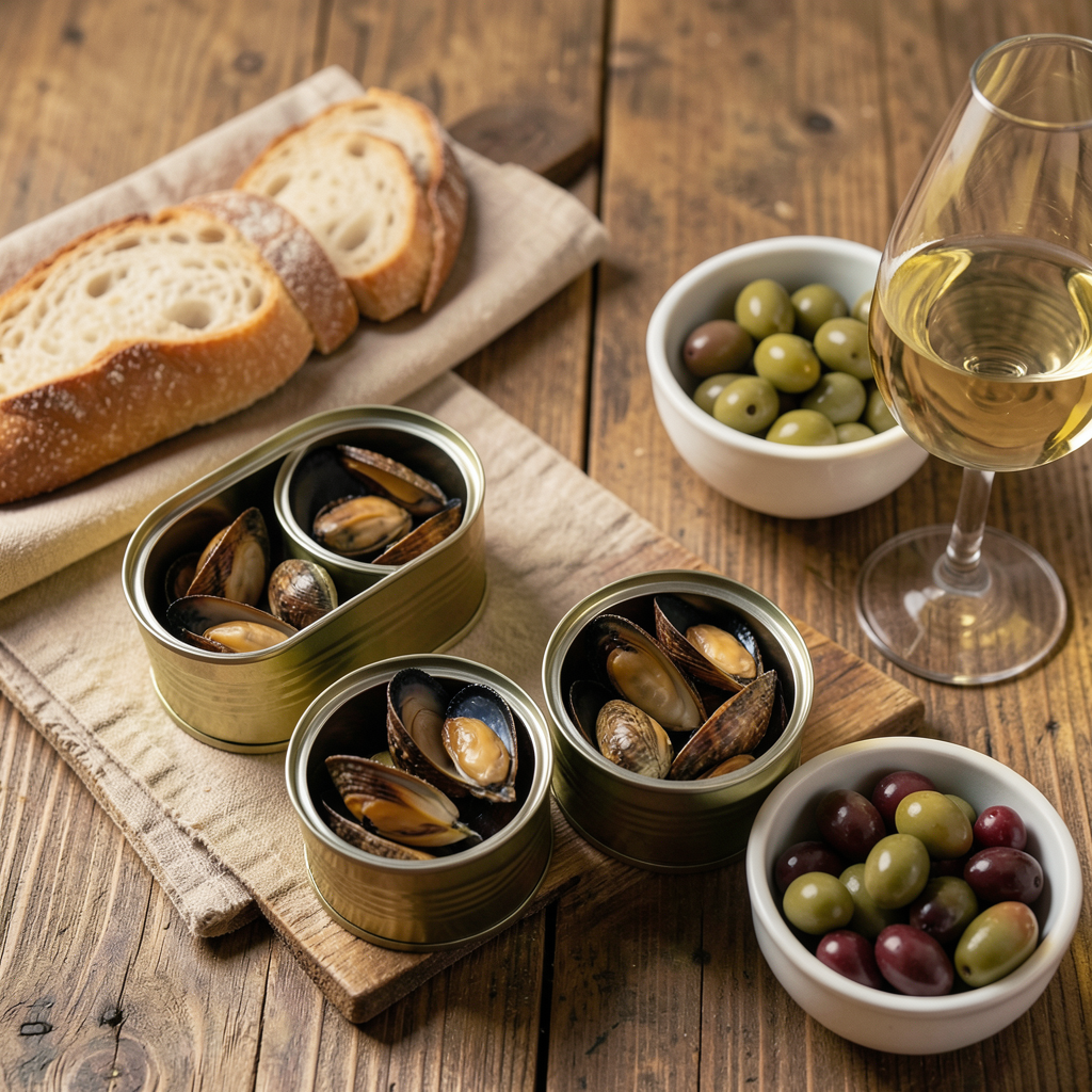 Realistic photograph of a sophisticated appetizer table with open gourmet tin cans of mussels and cockles, fresh baguette slices, a bowl of olives, and a glass of white wine, soft warm ambient lighting, top-down professional food photography style, rustic wooden background Tabla de aperitivos gourmet con conservas perfectas para una cena improvisada