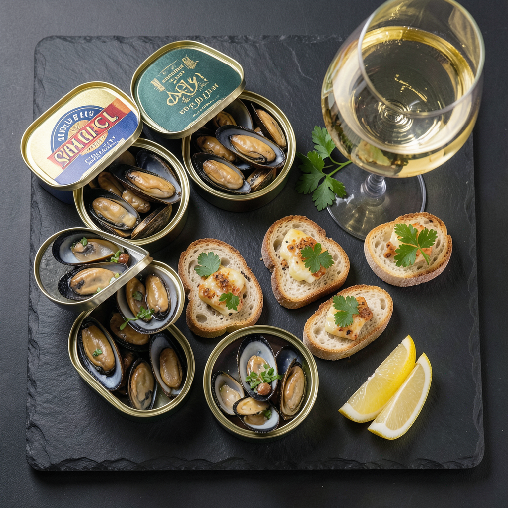 Realistic photograph of a gourmet Spanish tapas spread on a dark slate board. Includes open premium tins of mussels and cockles, small toasted bread slices with toppings, a glass of chilled white wine, and fresh garnishes like lemon wedges and parsley. Professional studio lighting, top-down perspective, vibrant colors, high resolution. Variedad de ideas de tapas españolas con conservas de calidad presentadas en una tabla de pizarra