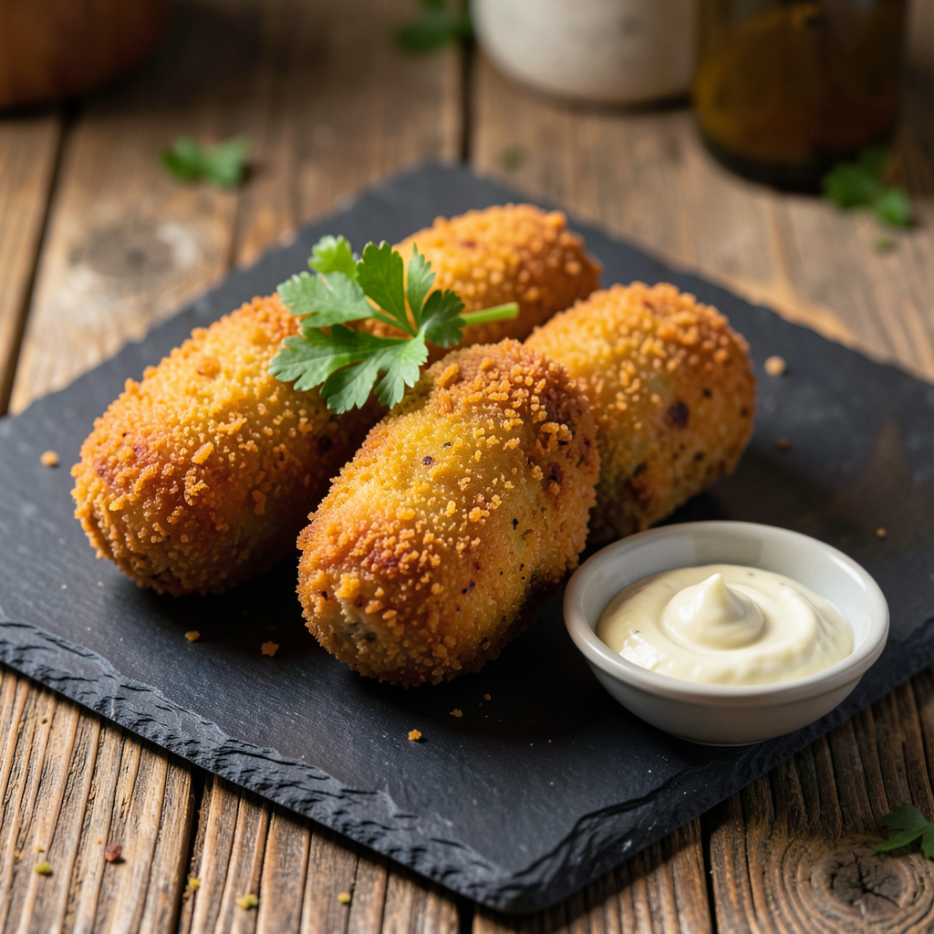 Realistic photograph of golden-brown fried partridge croquettes served on a slate plate, garnished with a sprig of fresh parsley and a small bowl of alioli, warm ambient lighting, professional food photography, close-up shot, rustic wooden background Plato de croquetas de perdiz en conserva doradas y crujientes