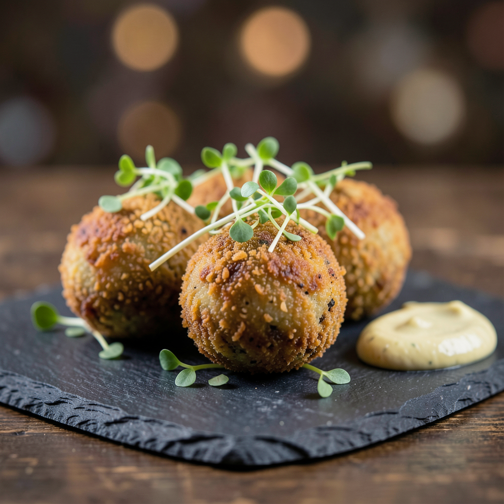 Realistic photograph of gourmet quail croquettes served on a slate platter, garnished with microgreens and a side of aioli, professional studio lighting, soft bokeh background, macro shot, high resolution Plato de Croquetas de codorniz en conserva presentadas de forma gourmet