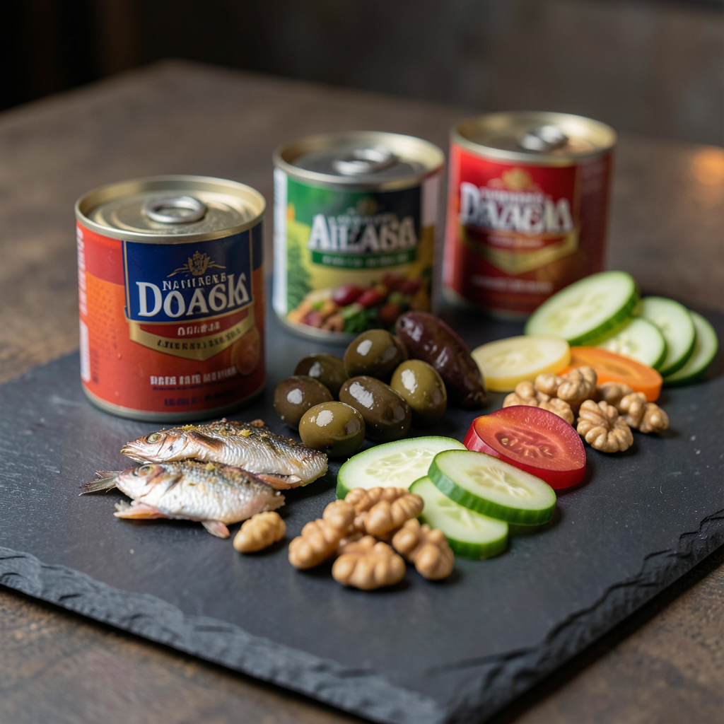 Realistic photograph of a gourmet appetizer board on a dark slate platter, featuring high-quality canned seafood, marinated olives, artisanal nuts, and sliced organic vegetables, soft ambient lighting, macro shot, professional culinary photography Tabla de aperitivos con conservas para amantes del picoteo saludable