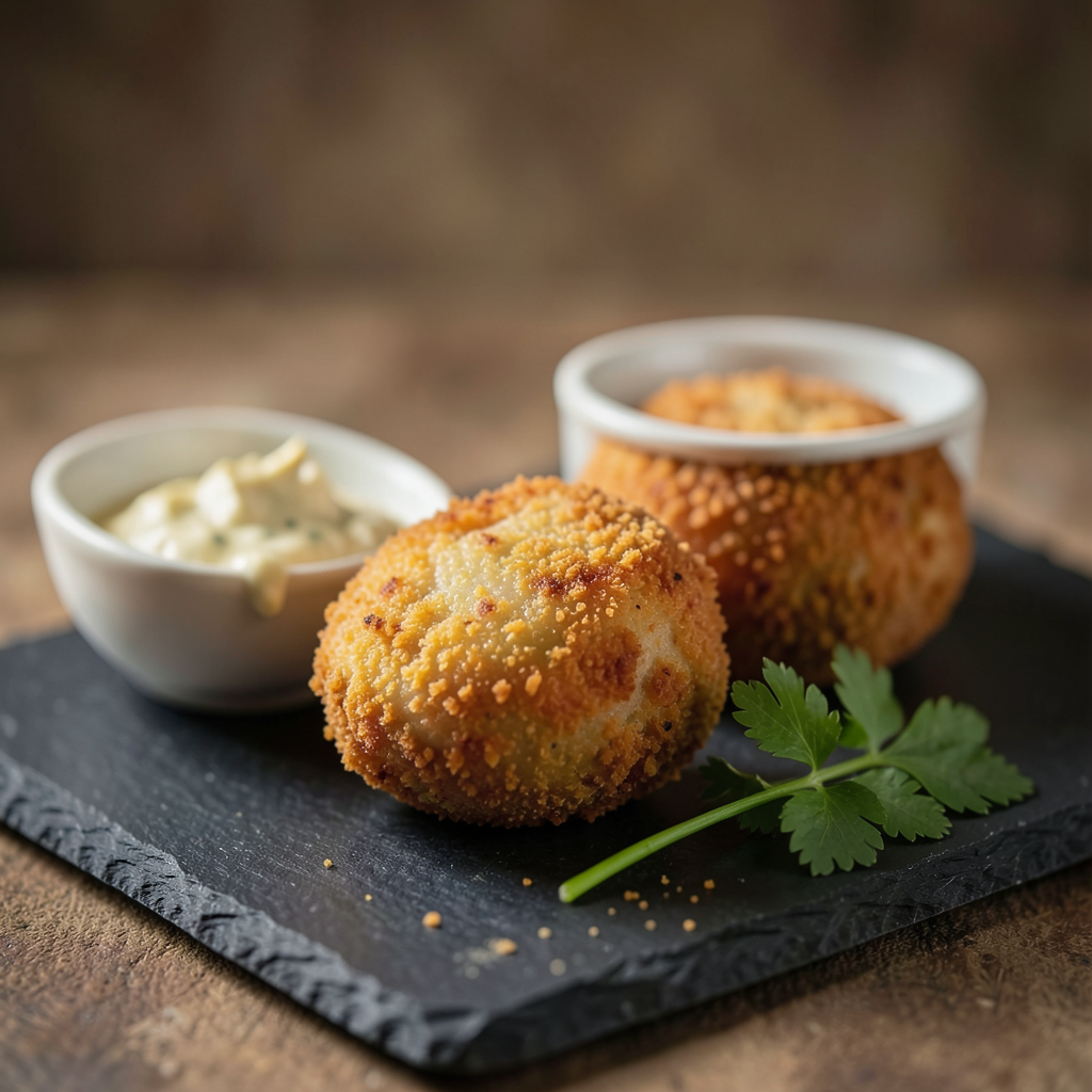 Realistic photograph of golden brown pork croquettes served on a minimalist slate platter, accompanied by a small bowl of garlic aioli and a sprig of fresh parsley, soft cinematic lighting, macro shot, professional food photography, warm tones. Plato de croquetas de cerdo en conserva doradas y crujientes sobre una pizarra negra