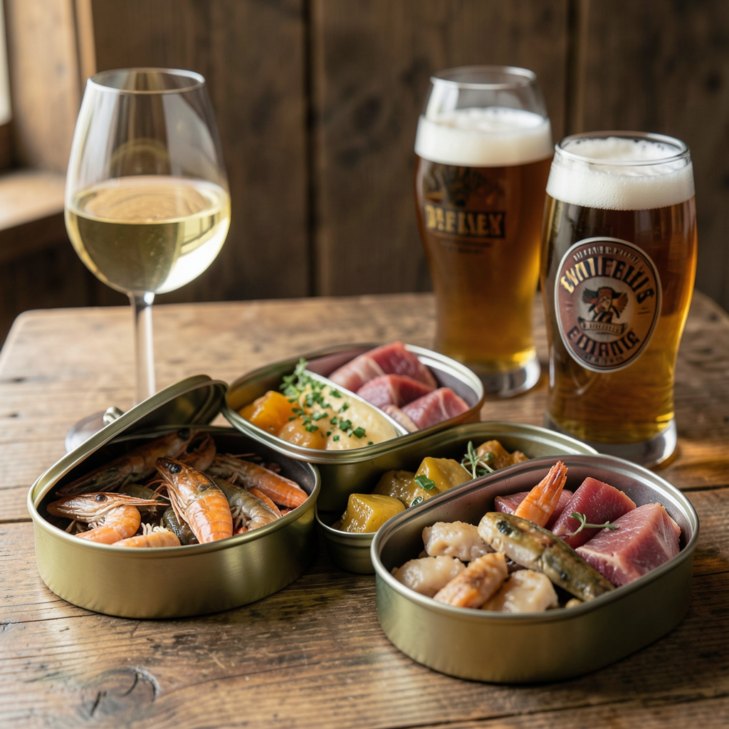 Realistic photograph of a gourmet appetizer table with open tins of high-quality seafood and meat preserves, glasses of white wine and craft beer, rustic wooden background, soft natural lighting, professional food photography, macro shot Tabla de aperitivos gourmet para el maridaje de conservas con vinos y cervezas