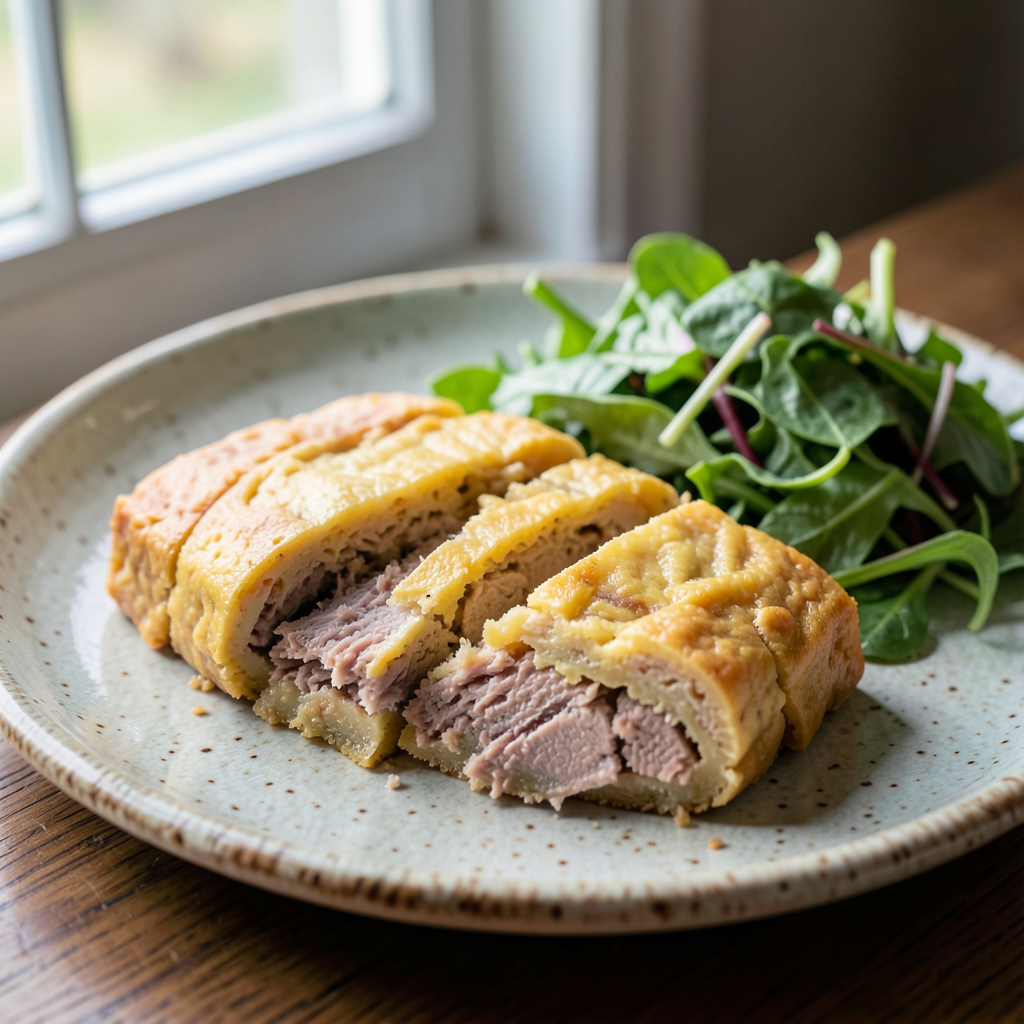 Realistic photograph of a thick, golden-brown tuna omelet sliced into wedges on a rustic ceramic plate, accompanied by a side of fresh green salad, soft natural window lighting, close-up shot, professional culinary photography. Deliciosa Tortilla de atún estilo manchego servida en un plato rústico.