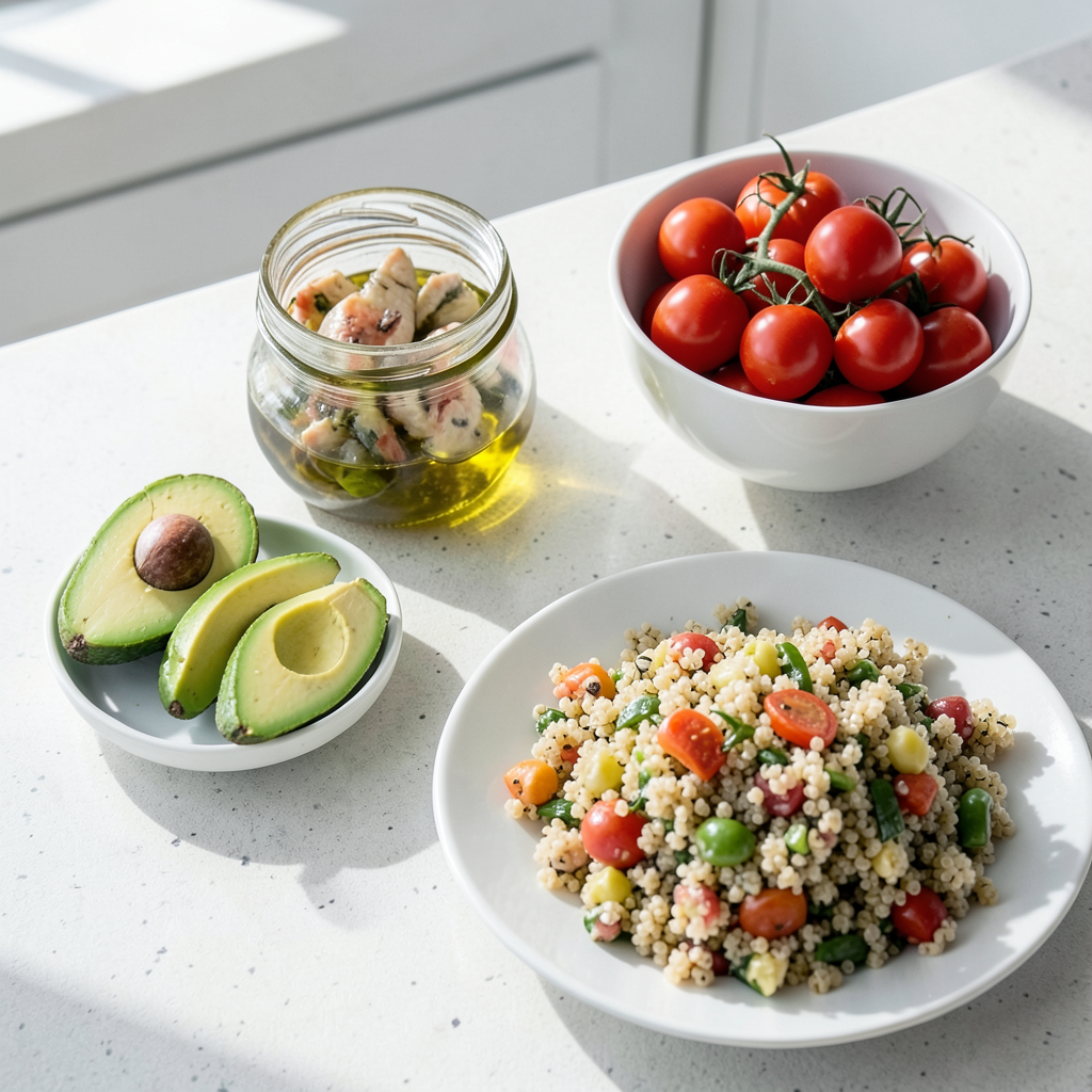 Realistic photograph of a modern kitchen counter with an open jar of gourmet seafood in olive oil, a bowl of fresh cherry tomatoes, sliced avocado, and a plate of quinoa salad, bright natural daylight, soft shadows, professional food photography style, top-down perspective Plato saludable usando conservas para preparar comidas rápidas y nutritivas con aguacate y tomates