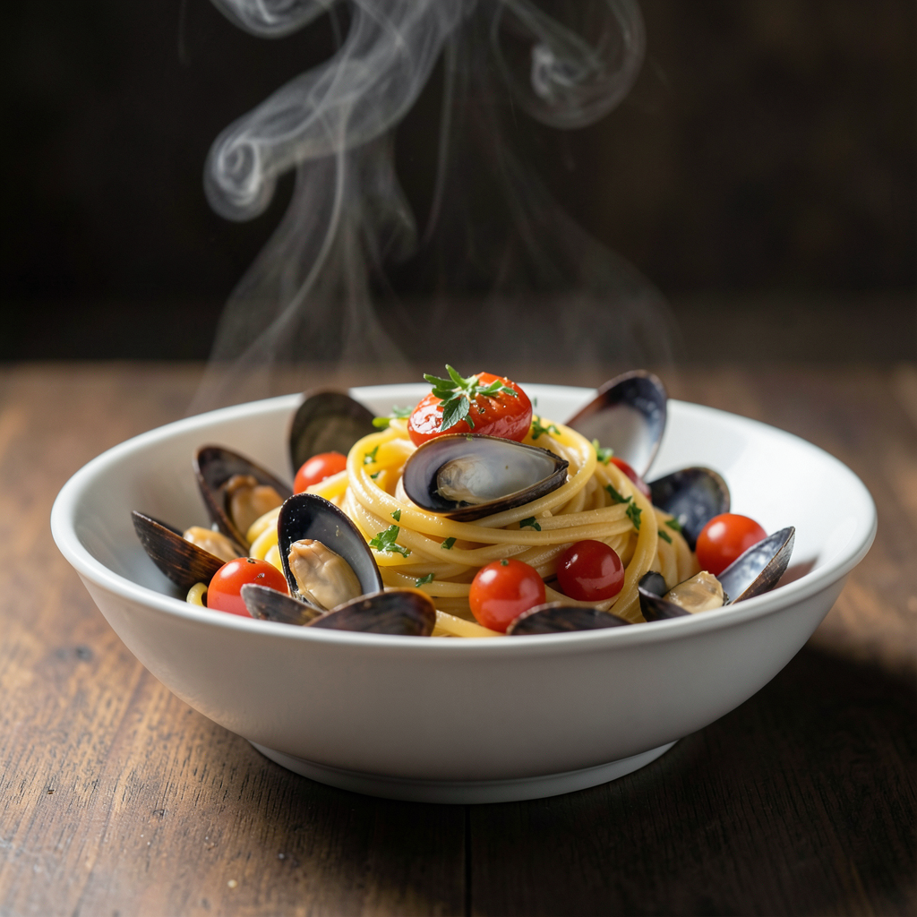 Realistic photograph of a gourmet pasta dish with mussels, clams, and cherry tomatoes in a white ceramic bowl, steam rising, soft side lighting, shallow depth of field, professional food photography style Plato de pasta gourmet ilustrando cómo usar conservas en recetas de pasta