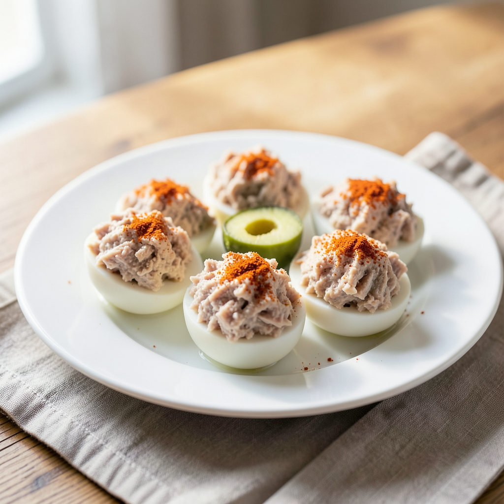 Realistic photograph of a white ceramic platter containing six perfectly filled tuna stuffed eggs, topped with a tiny pinch of paprika and a slice of green olive, bright natural side lighting, professional food photography, soft focus background of a wooden table with a linen napkin Plato de huevos rellenos de atún decorados con pimentón y aceitunas