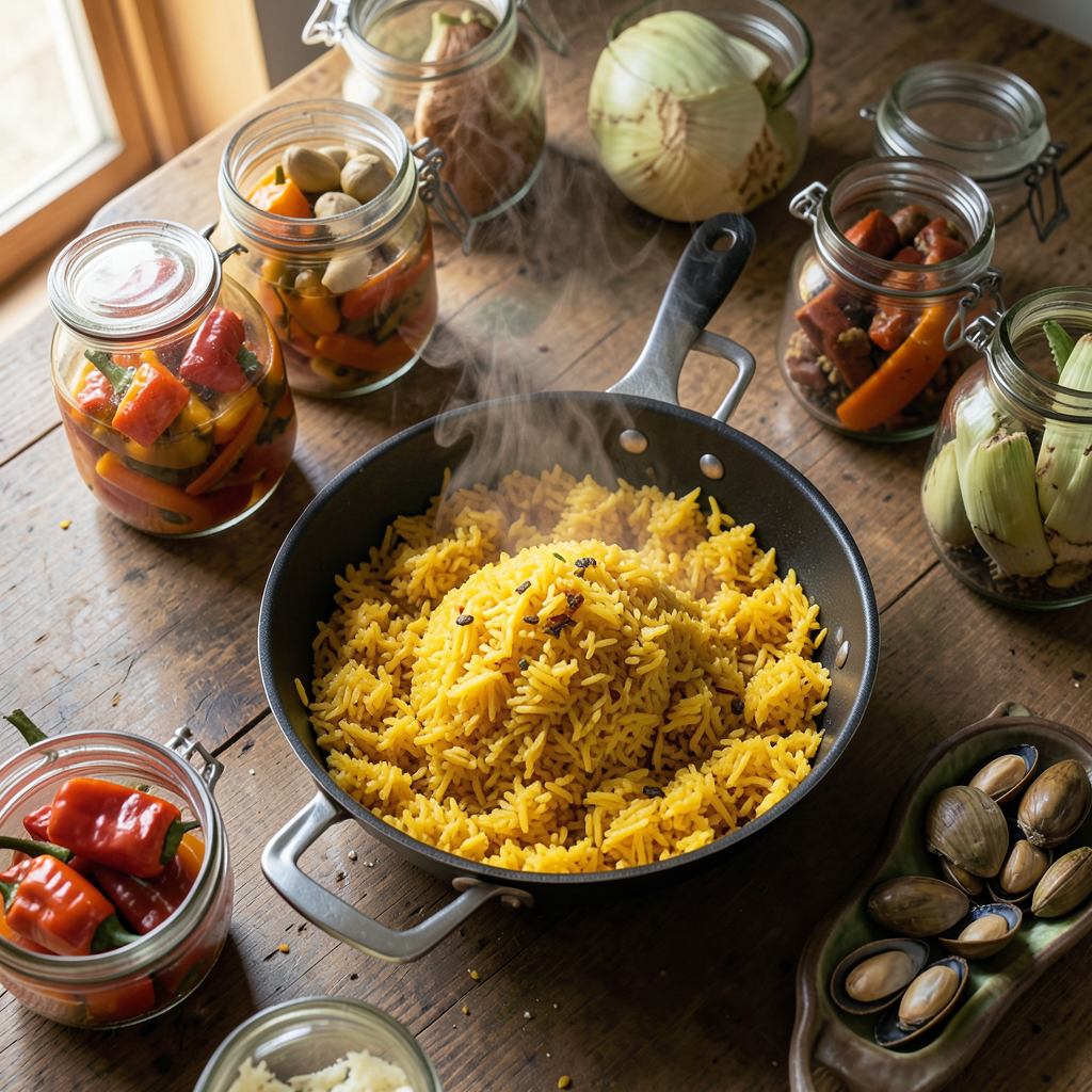 Realistic photograph of a rustic kitchen counter with a steaming pan of yellow saffron rice, surrounded by open glass jars of gourmet preserved peppers, artichokes, and mussels, warm natural lighting, professional food photography, top-down angle Variedad de conservas para preparar arroces llenos de sabor junto a una paellera