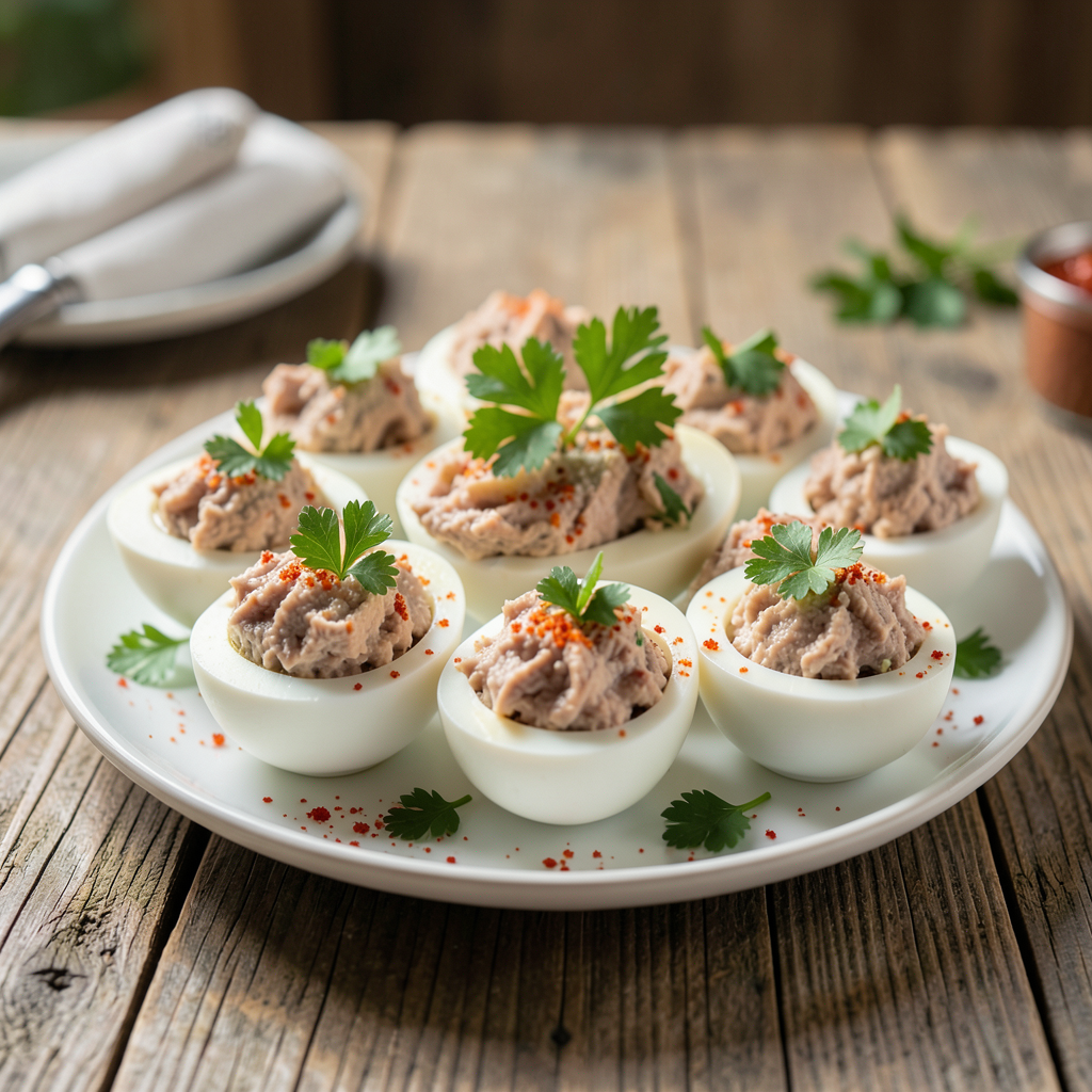 Realistic photograph of a platter of stuffed eggs with tuna, garnished with fresh parsley and paprika, placed on a rustic wooden table with soft natural side lighting, professional food photography, macro shot Plato de huevos rellenos de bonito decorados con perejil
