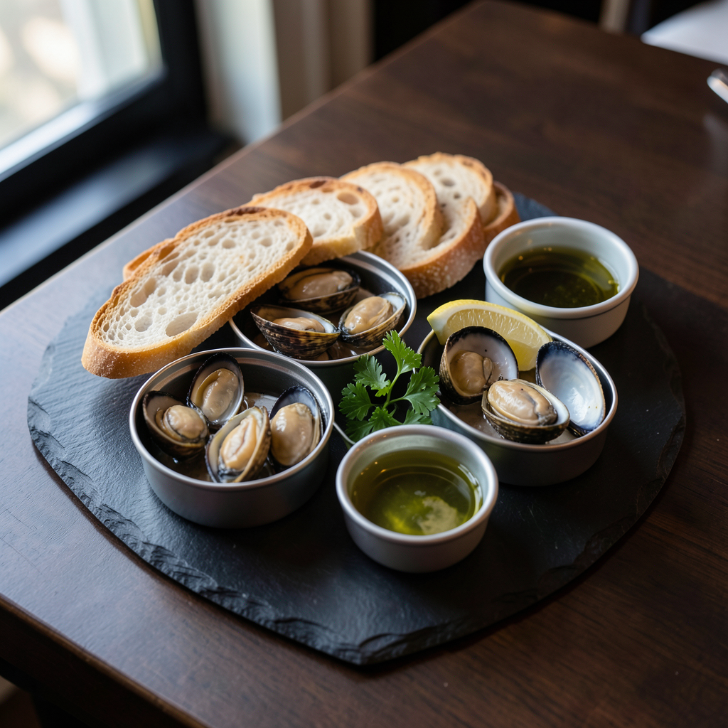 A professional high-angle photograph of a gourmet appetizer platter on a dark slate board. The platter features open tins of high-quality mussels and clams, accompanied by toasted baguette slices, fresh lemon wedges, parsley, and small bowls of olive oil. Soft side lighting from a nearby window, elegant restaurant setting, deep colors and sharp textures. Plato gourmet con diversas ideas de recetas para sorprender a invitados con conservas