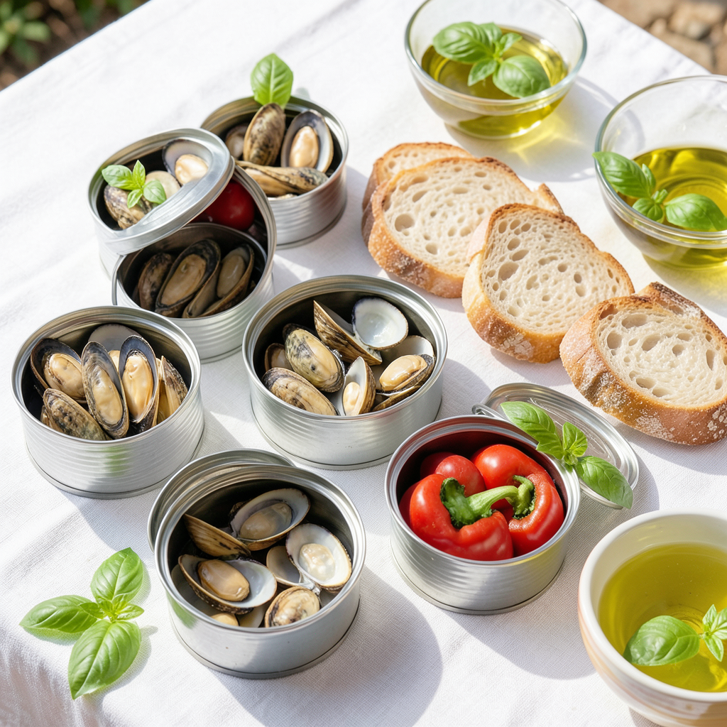 A high-angle professional photograph of a Mediterranean summer table. A variety of open gourmet tin cans with mussels, clams, and peppers are arranged next to fresh slices of baguette, bowls of olive oil, and fresh basil leaves. Bright natural sunlight, white linen tablecloth, vibrant colors, fresh and airy summer atmosphere. Variedad de conservas para preparar platos fríos en verano sobre una mesa blanca