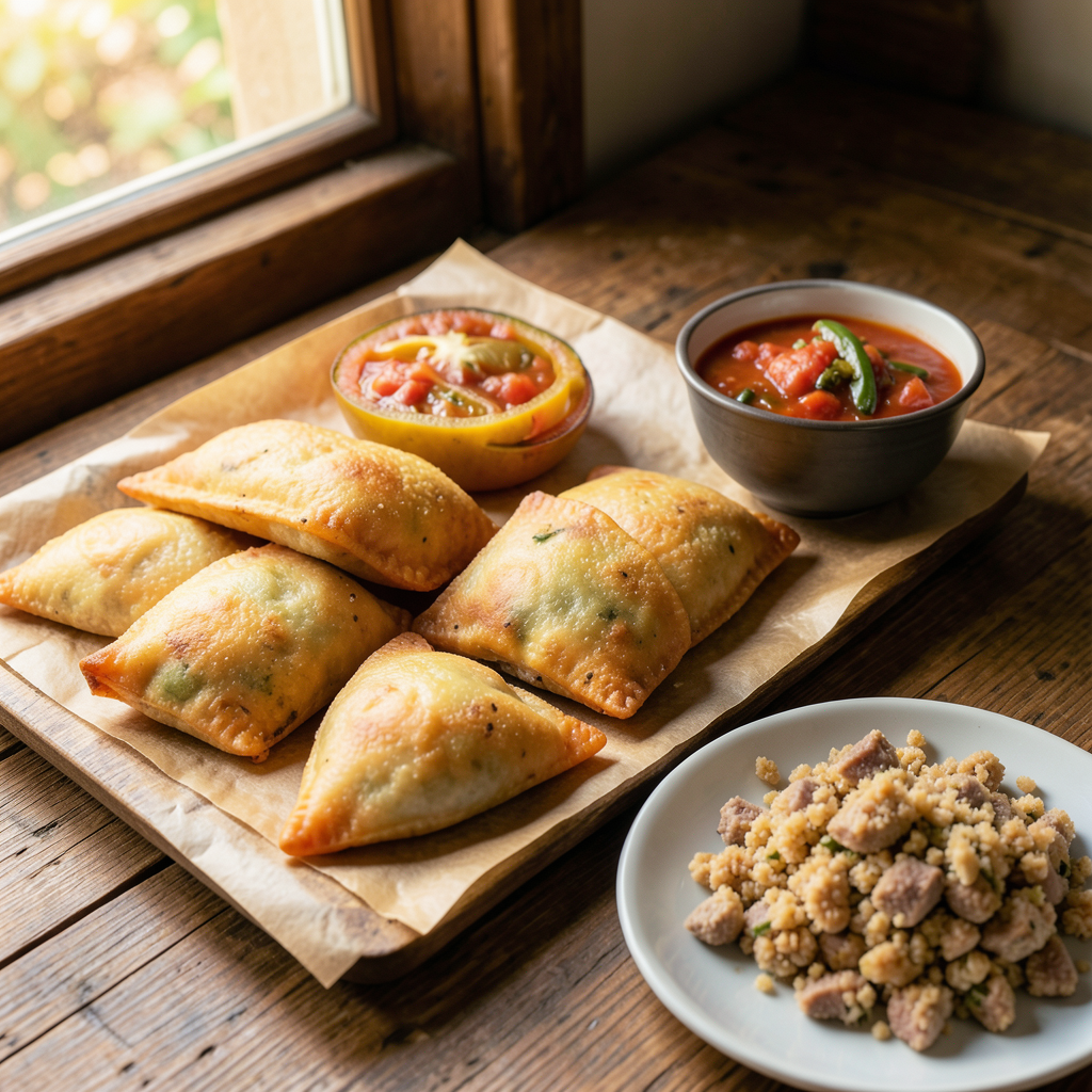 Fotografía profesional cenital de una bandeja de empanadillas doradas y recién fritas sobre papel absorbente, con un bol de pisto de tomate y pimiento al lado y un plato con migas de bonito desmigado, luz natural cálida de cocina entrando por una ventana, tonos rojizos y dorados, fondo de madera rústica, enfoque nítido y ambiente casero apetecible Empanadillas de bonito con pisto doradas sobre una bandeja con pisto y bonito desmigado