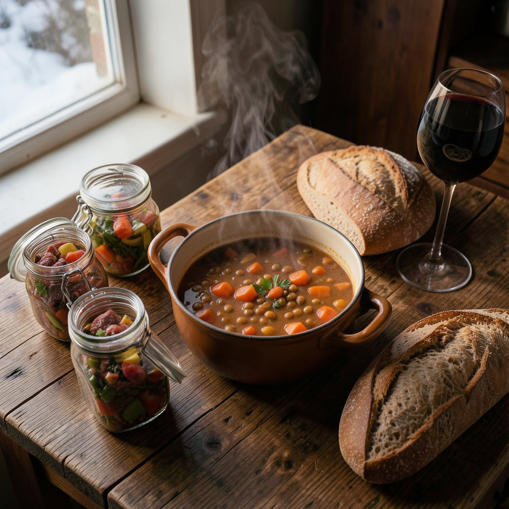 A professional, high-quality photograph of a rustic wooden kitchen table in winter. In the center, a steaming ceramic pot of a hearty stew with carrots and legumes. Beside the pot, there are several open gourmet glass jars containing marinated meats and vegetables, a crusty loaf of sourdough bread, and a glass of red wine. Soft, warm natural light coming from a nearby window, moody atmosphere with deep browns and oranges, top-down cinematic angle, extremely detailed textures of the food and wood. Platos calientes invernales preparados con conservas gourmet sobre una mesa rústica