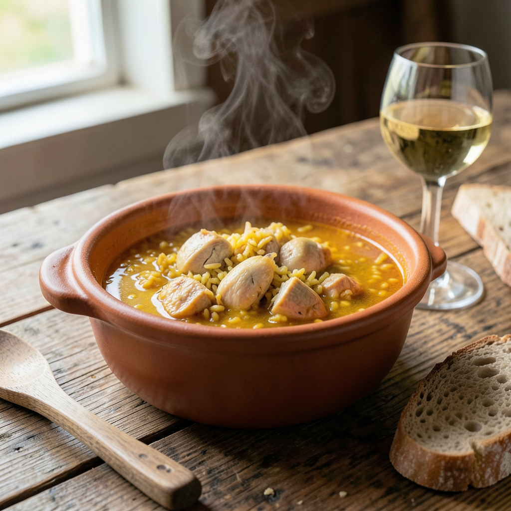 A rustic terracotta cazuela filled with soupy golden rice and tender chicken pieces in a rich saffron broth, steam rising gently, placed on a weathered wooden farmhouse table with a wooden spoon, a glass of white wine and crusty bread nearby, warm natural window light, shallow depth of field, cozy and appetizing atmosphere, professional food photography Cazuela de barro con arroz caldoso con pollo en conserva, caldo dorado y cuchara de madera sobre mesa rústica