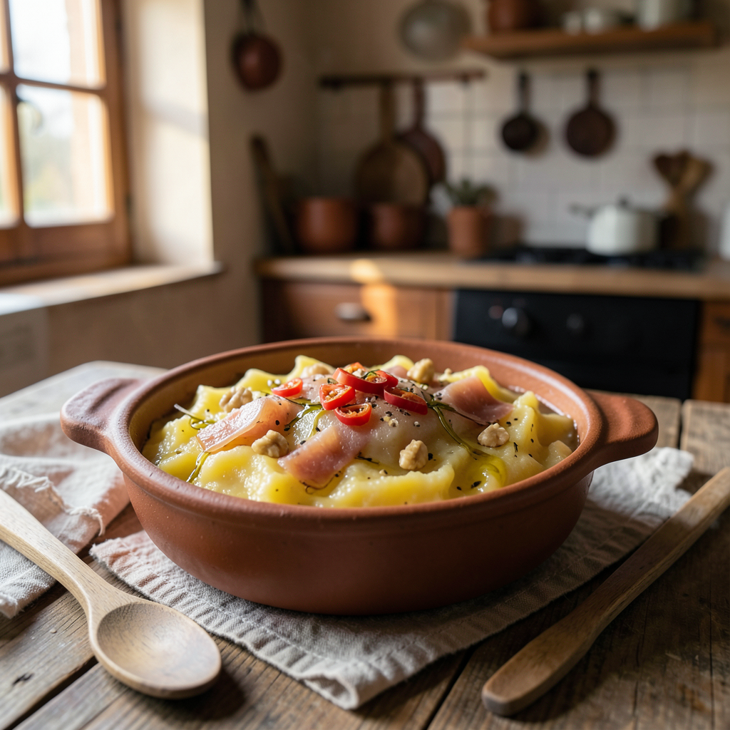 Cazuela de barro con atascaburras manchego con atún en conserva, pimentón y nueces